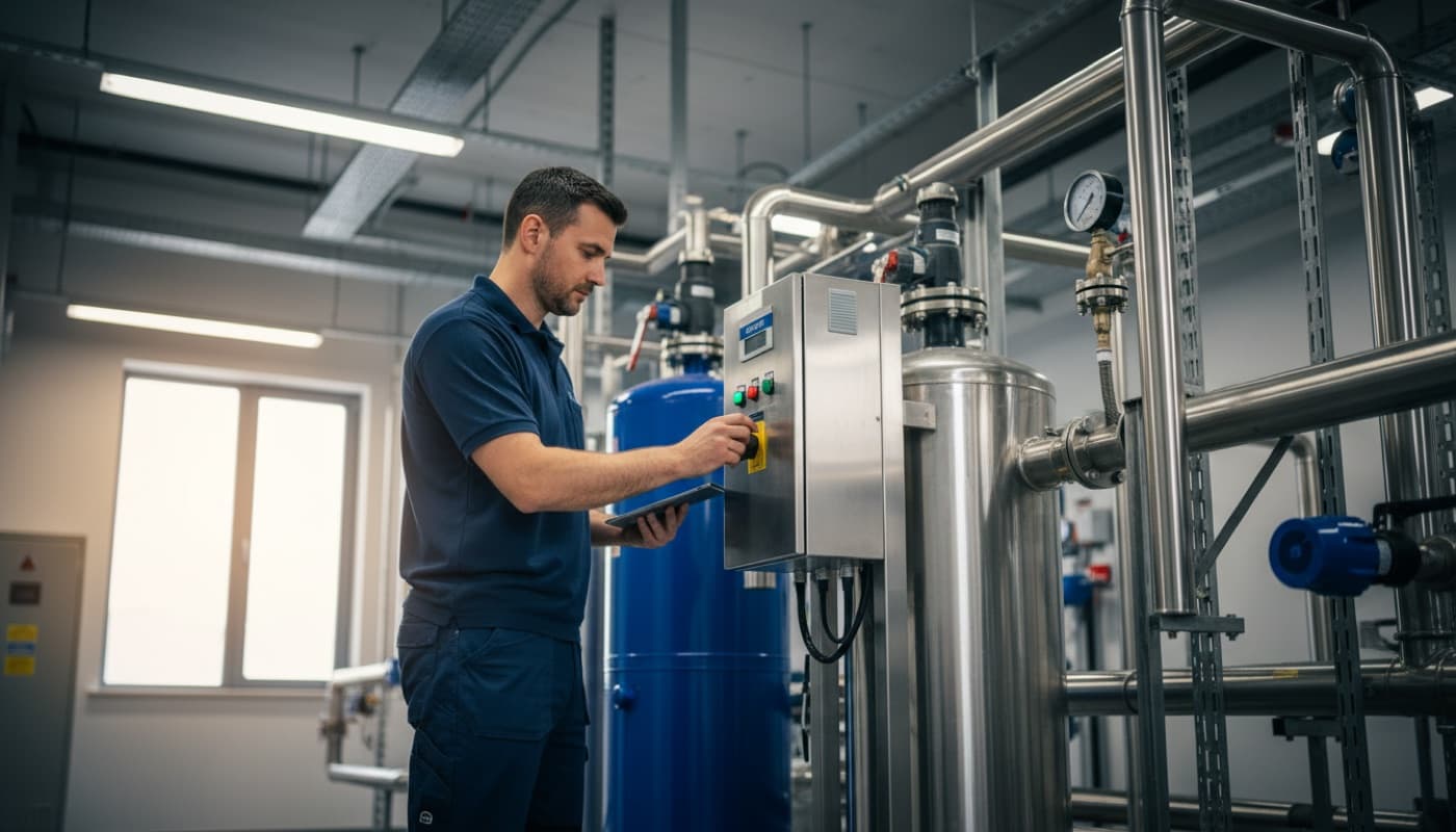Duplex commercial water softener system installed in a building plant room