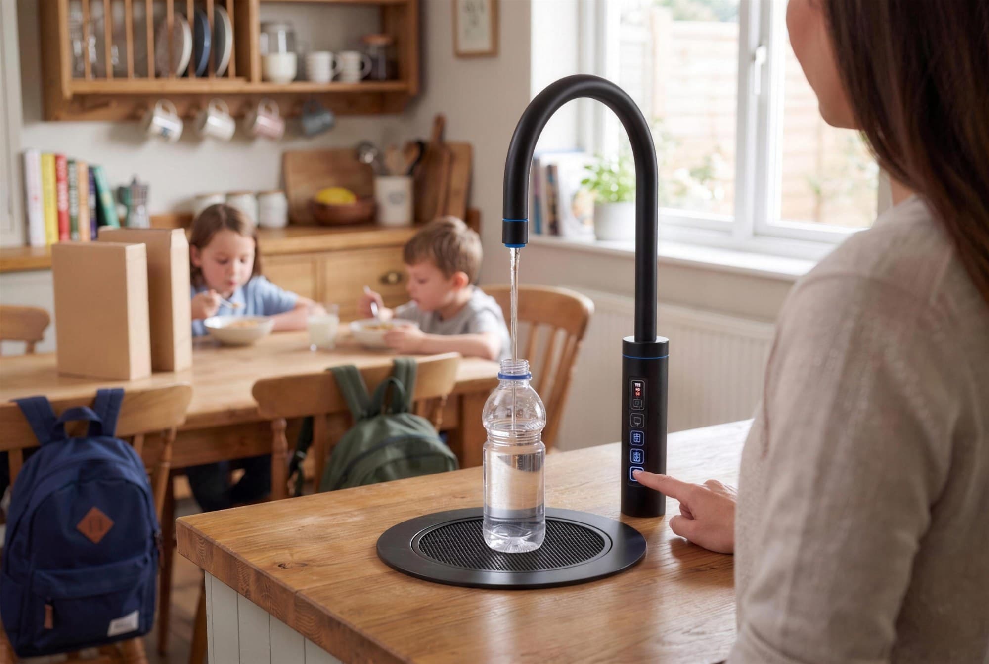 A family at a kitchen table with a matt black RoyalFlow tap on the worktop