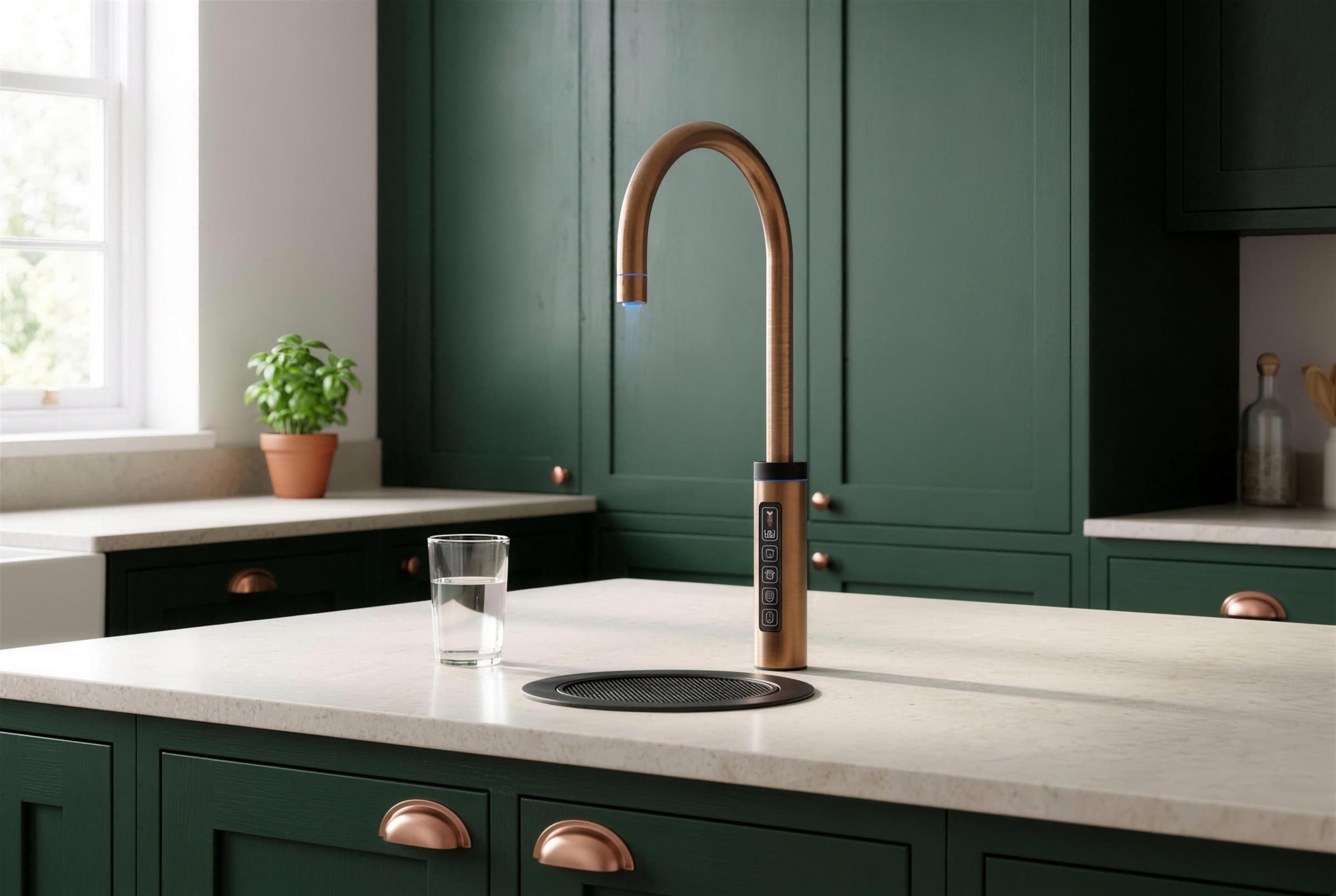 Brushed copper RoyalFlow C1 tap with a round drip tray in a green shaker kitchen