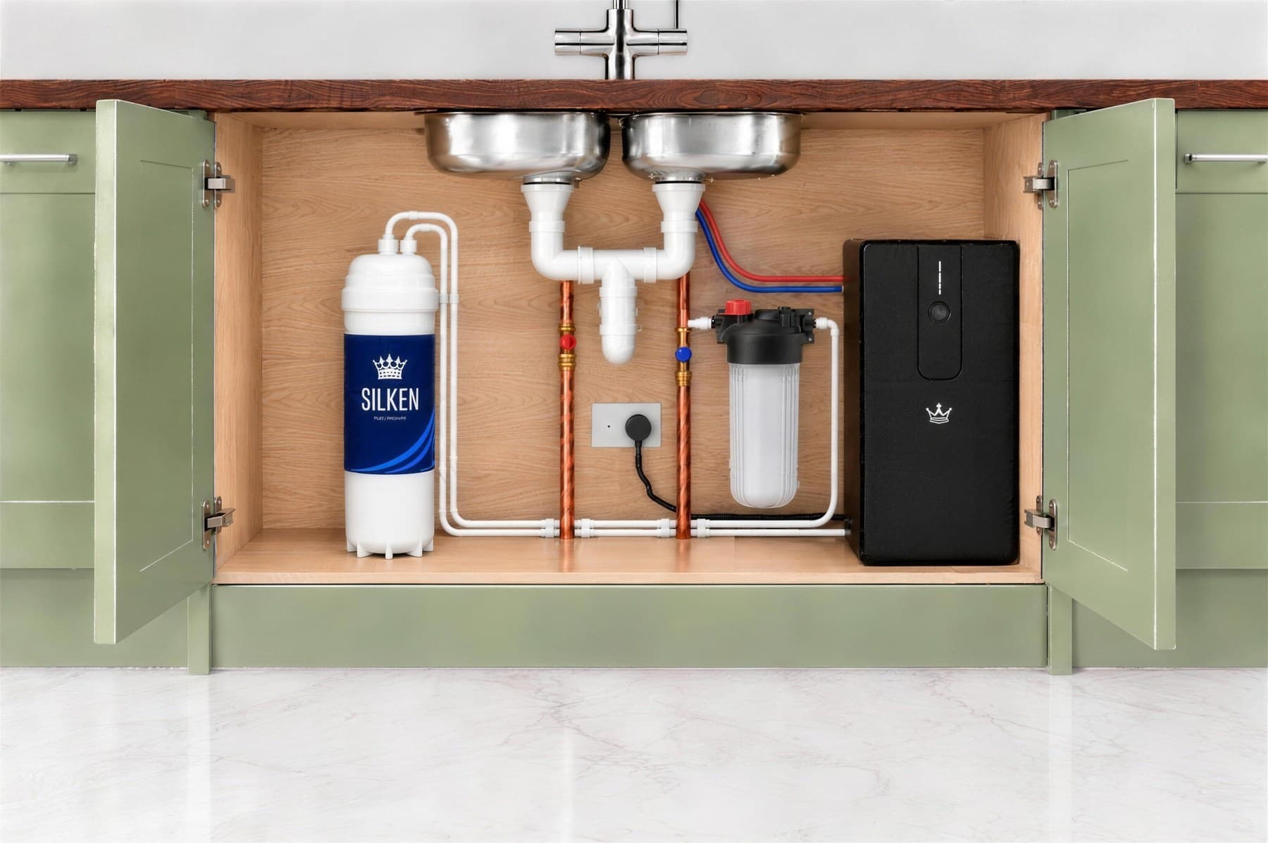 RoyalFlow Home Soft+: base unit with a sediment pre-filter and a floorstanding resin cartridge under a sink