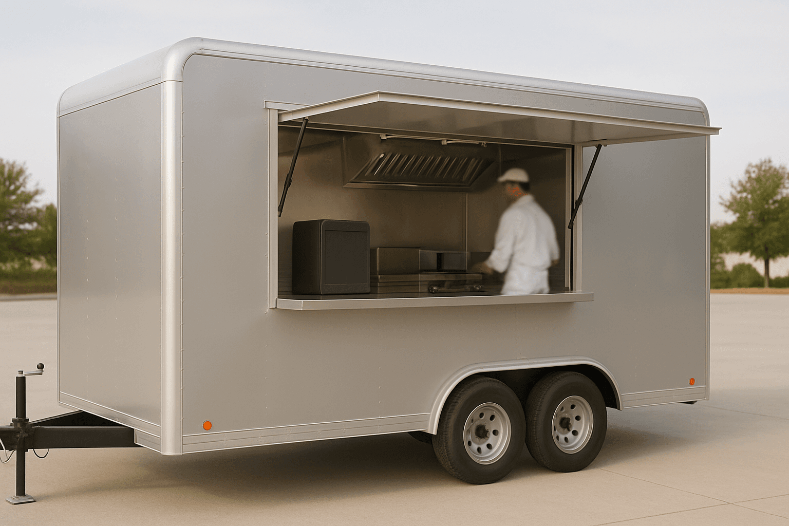 Silver food trailer with its service hatch open and a chef working inside, the kind of pop-up kitchen that needs portable water filtration