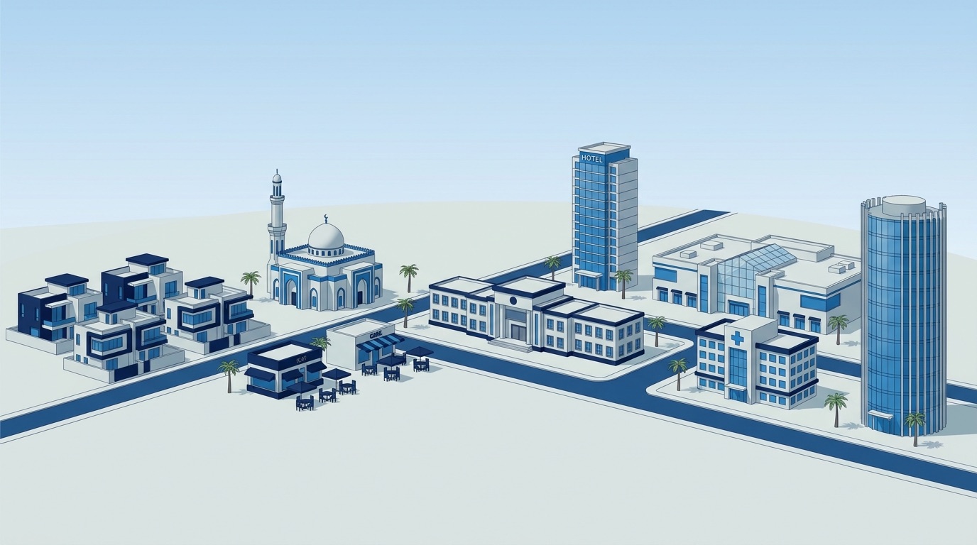 Illustrated town showing the kinds of buildings Sovereign treats water for — homes, a mosque, restaurants, a school, hotels, a mall, a hospital and offices.