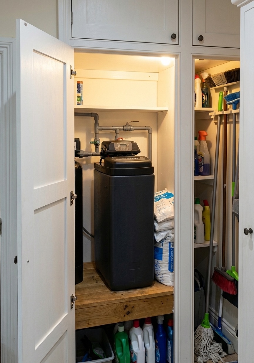 Home water softener installed in a utility cupboard