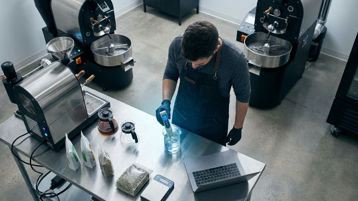 Corporate-style overhead shot of a modern coffee roastery workspace, barista analyzing water quality