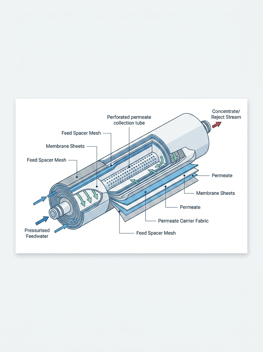 Cutaway diagram of a spiral-wound RO membrane element showing the feed spacer, membrane sheets, permeate tube and concentrate outlet